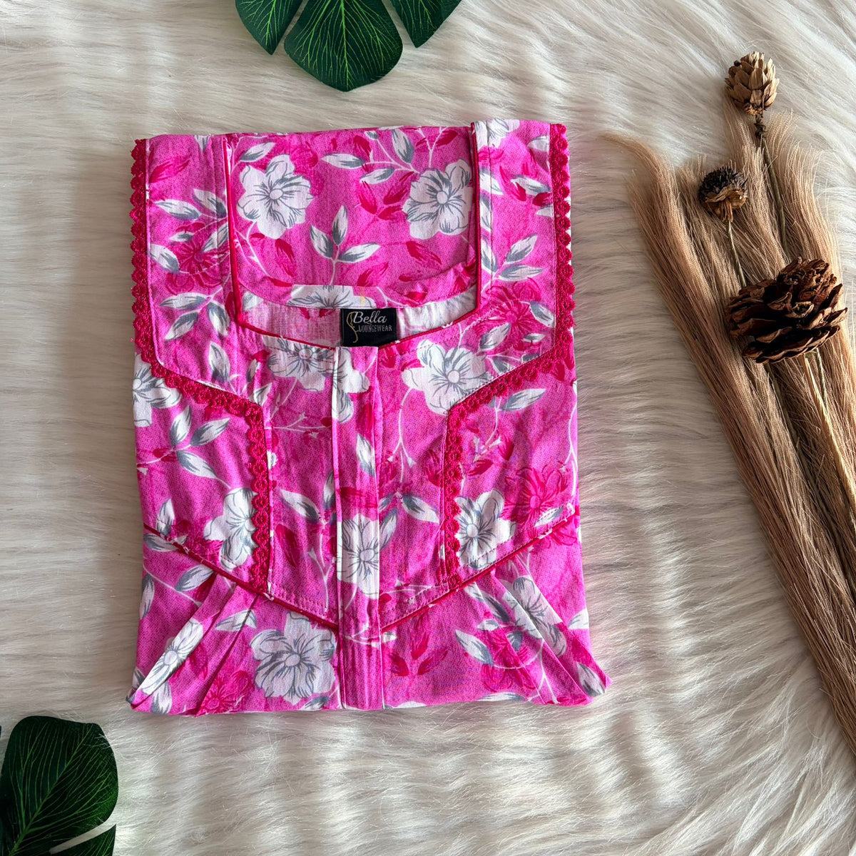 Pink Floral Printed Premium Cotton Long Zip Lace Feeding Nighty | Free Size | Chest Width 44″| Length 56″