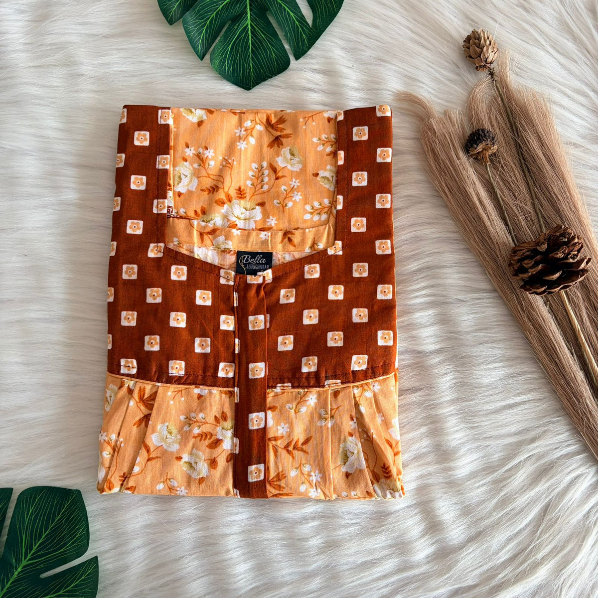 Brown And Orange Floral Premium Cotton Square Neck Pleated Nighty | Free Size | Chest Width 44″| Length 55″-56″