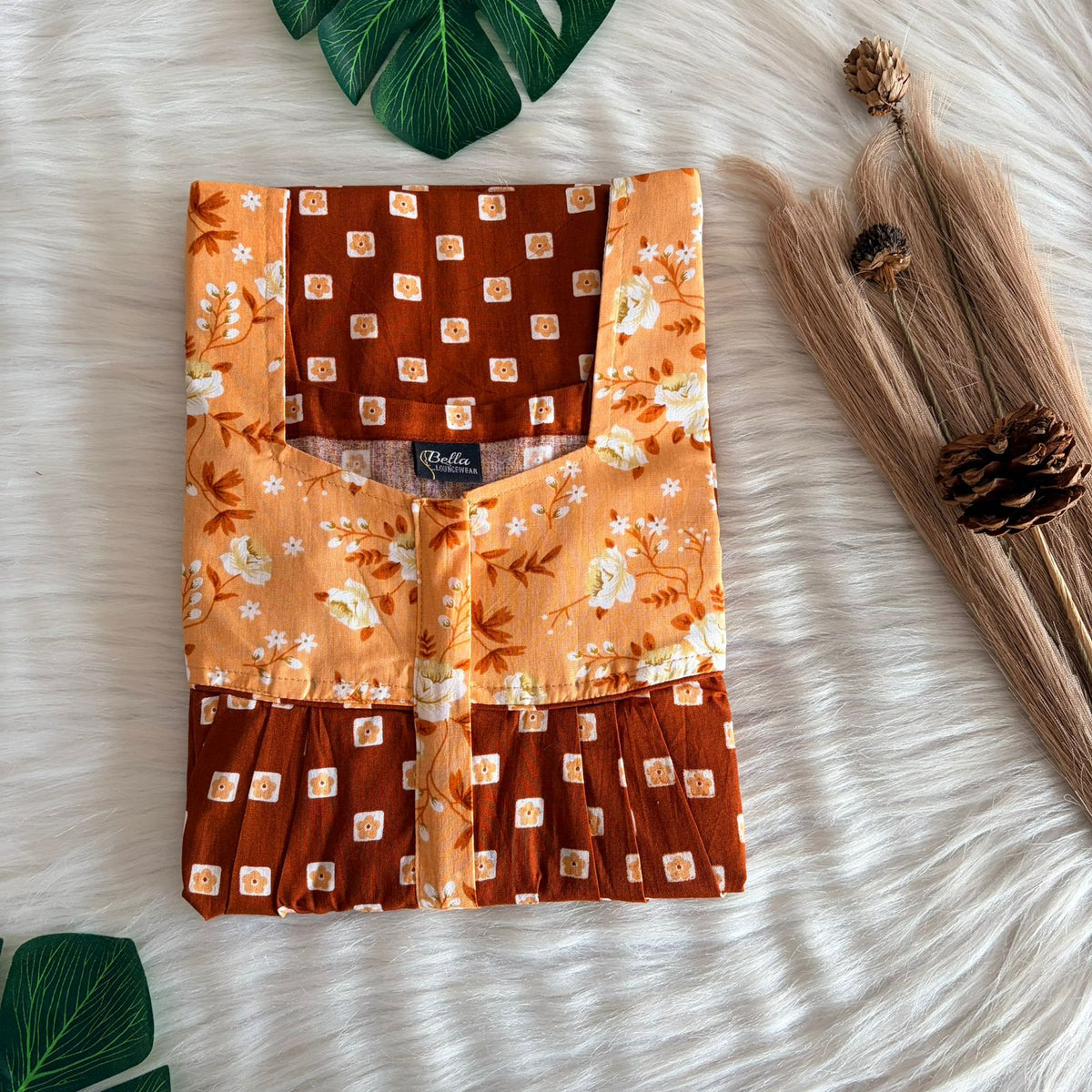 Orange And Brown Premium Cotton Square Neck Pleated Nighty | Free Size | Chest Width 44″| Length 55″-56″