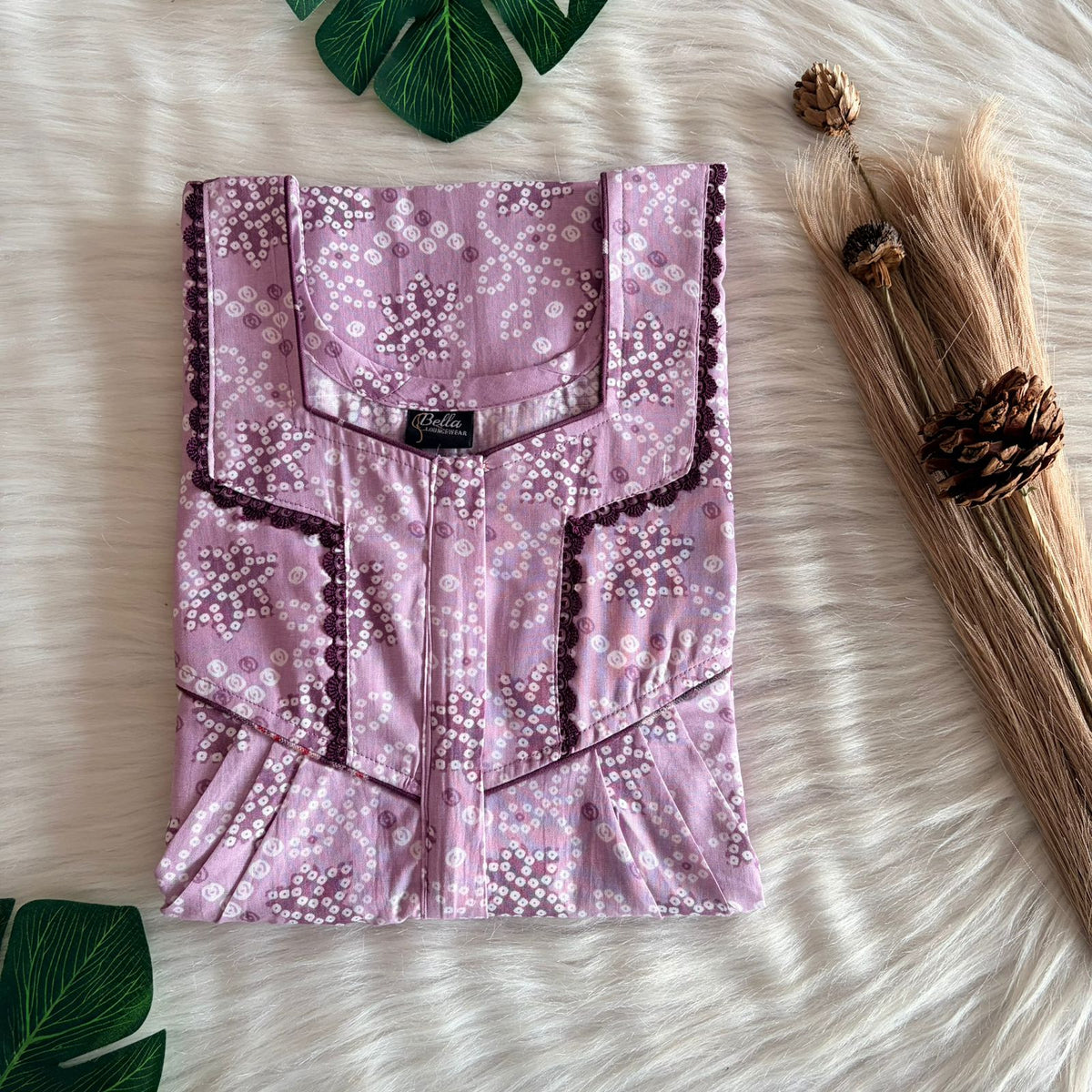 Pastel Violet Bandhani Printed Premium Cotton Long Zip Lace Feeding Nighty | Free Size | Chest Width 44″| Length 56″