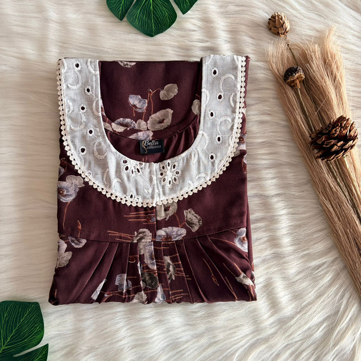 Coffee Brown Floral Printed Alfine Hakoba Lace Nighty | Free Size | Chest Width 44″| Length 54″-56″