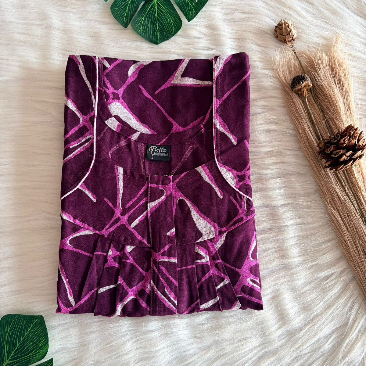 Violet Printed Alfine Pleated Zip Nighty | Free Size | Chest Width 44″| Length 54″-55″