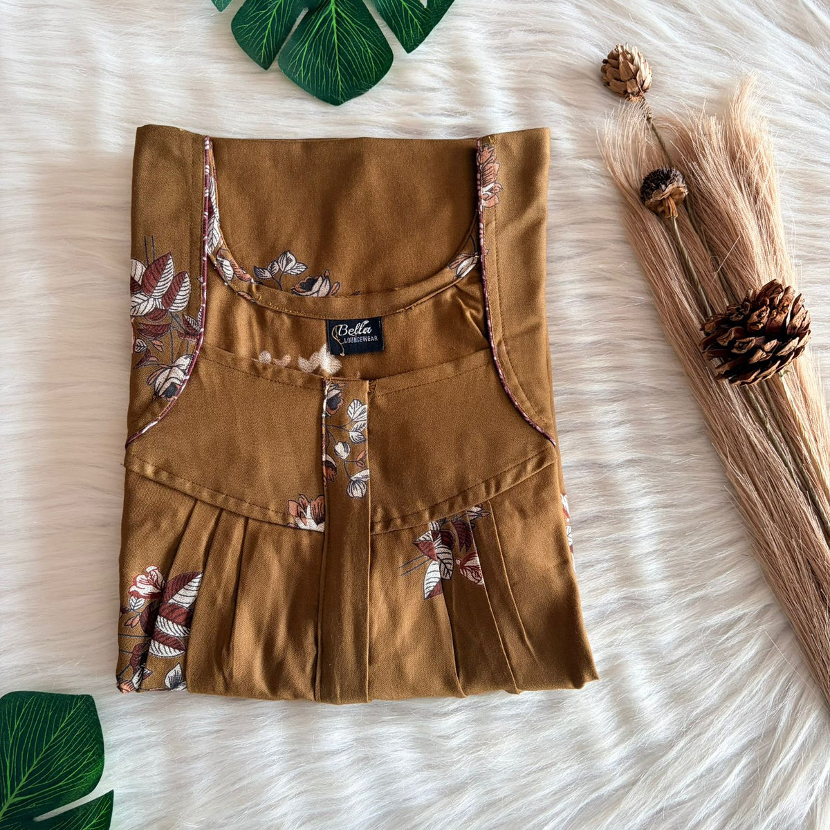 Brown Floral Printed Alfine Pleated Zip Nighty | Free Size | Chest Width 44″| Length 54″-55″
