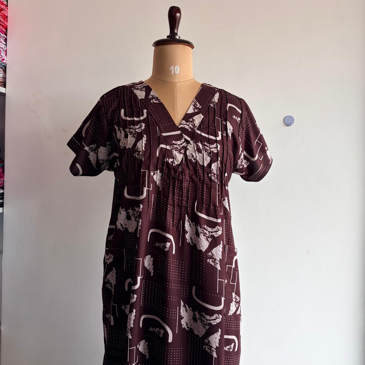 Coffee Brown Printed V-Neck Alfine Churidar Cut Nighty | Free Size | Chest Width 44″| Length 56″