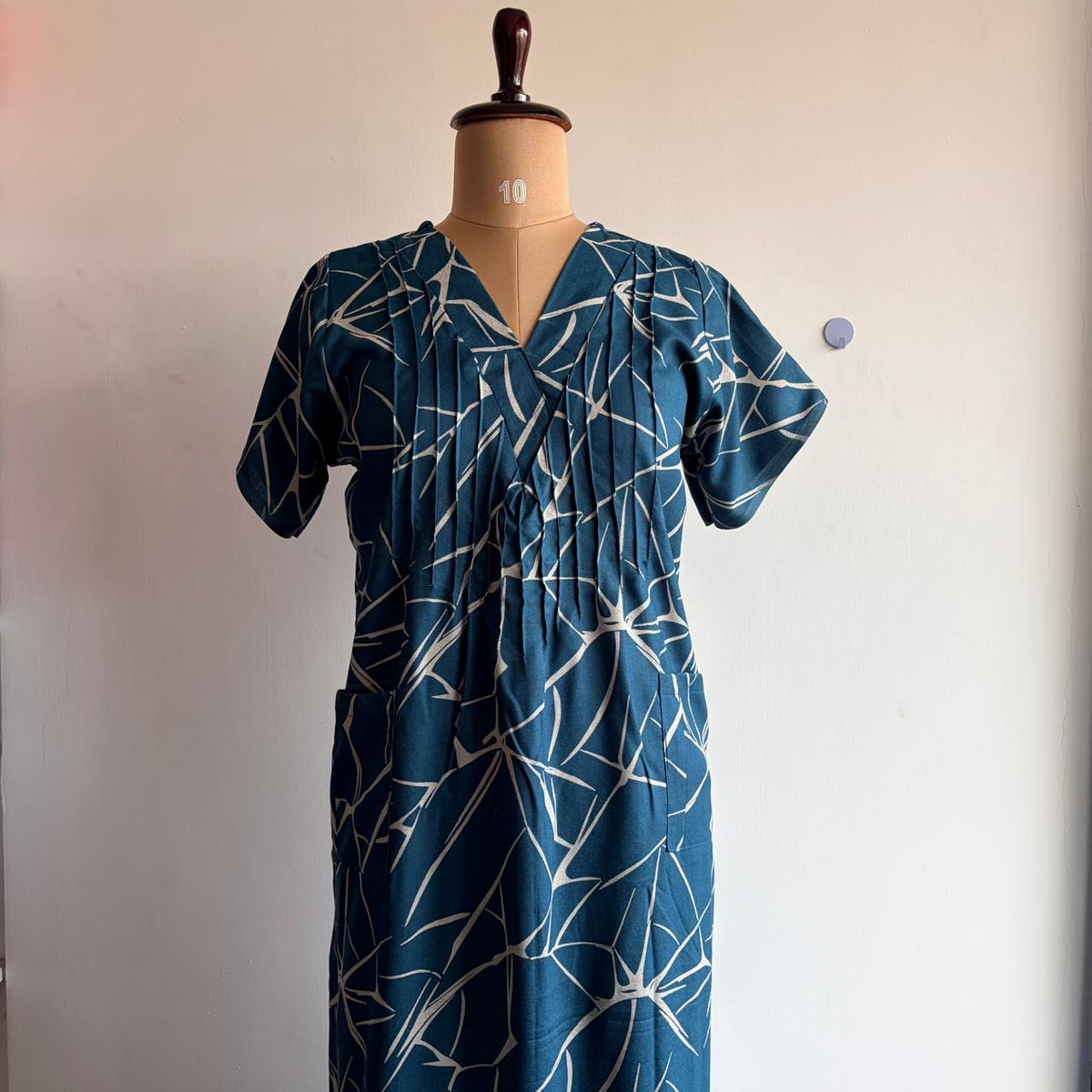 Teal Green Printed V-Neck Alfine Churidar Cut Nighty | Free Size | Chest Width 44″| Length 56″