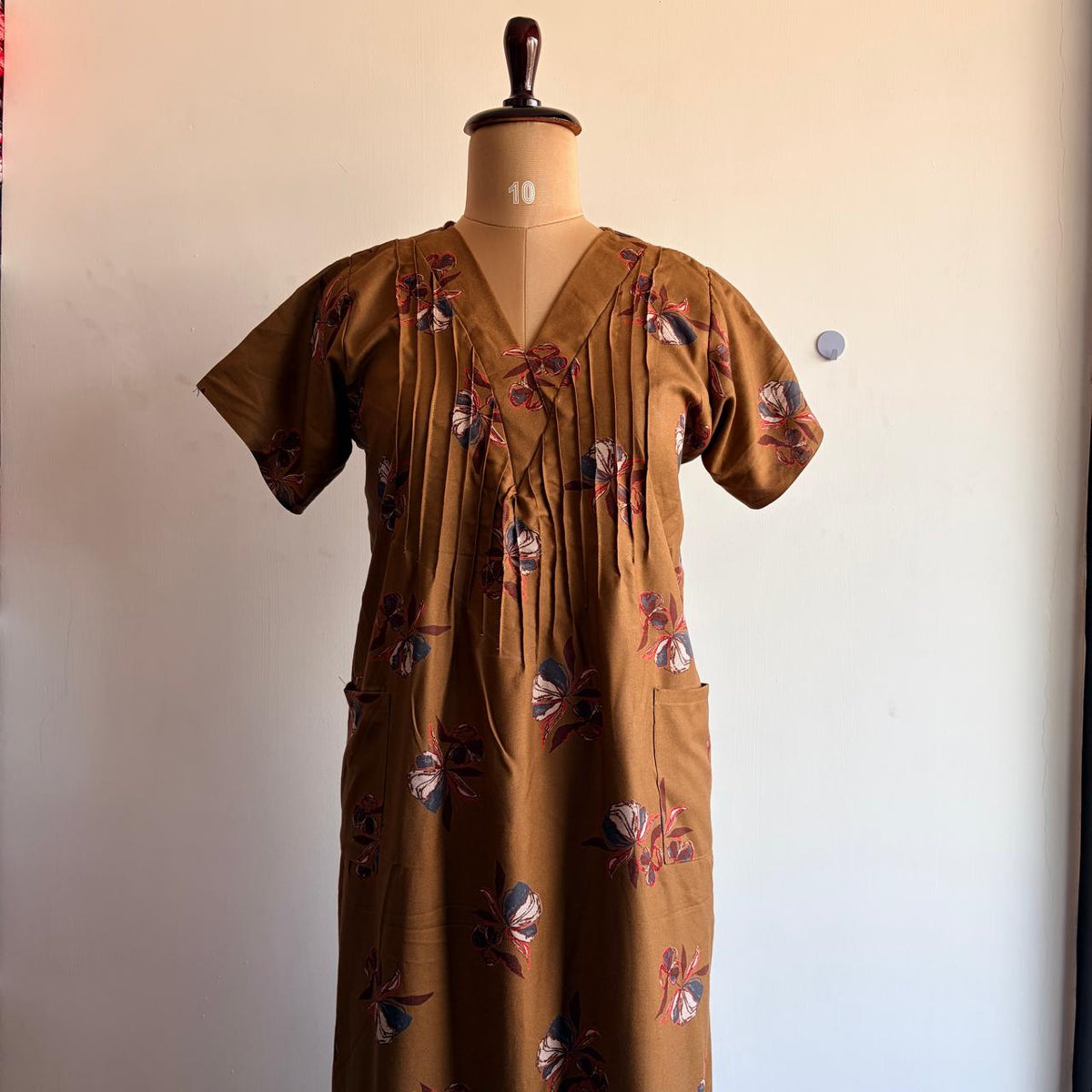Brown Floral Printed V-Neck Alfine 60 Inch Length Churidar Cut Nighty | Free Size | Chest Width 44″| Length 60″