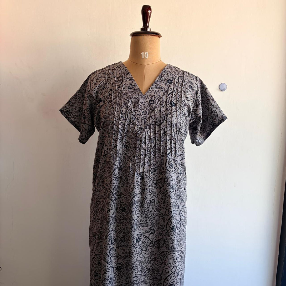 Navy-Blue And Grey Printed V-Neck Alfine Churidar Cut Nighty | Free Size | Chest Width 44″| Length 56″
