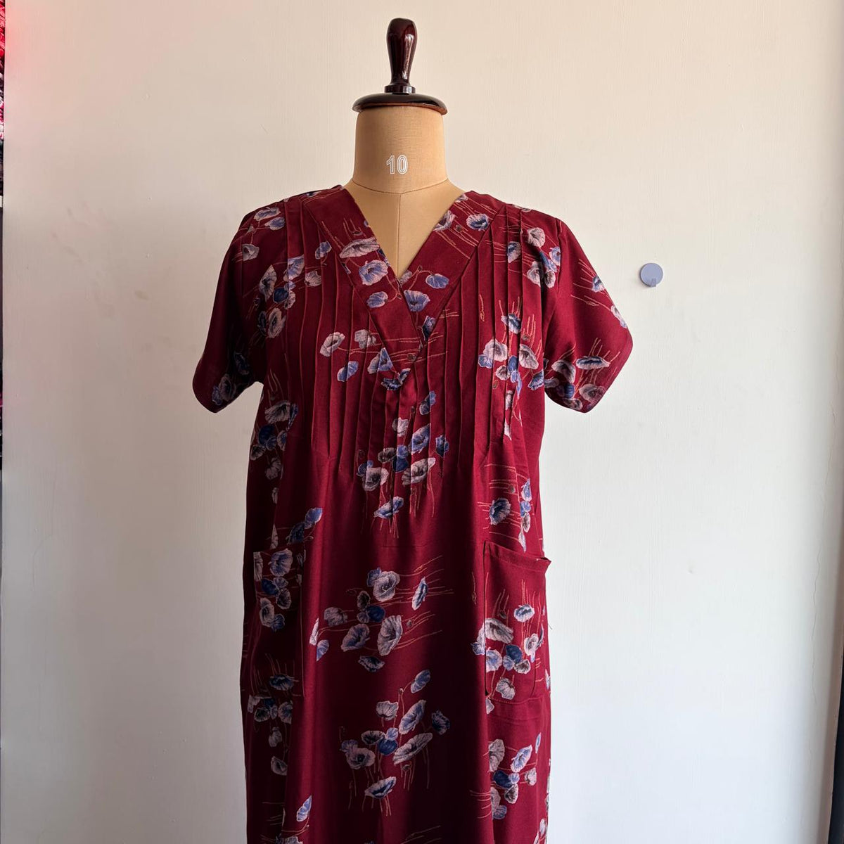 Maroon Floral Printed V-Neck Alfine Churidar Cut Nighty | Free Size | Chest Width 44″| Length 56″