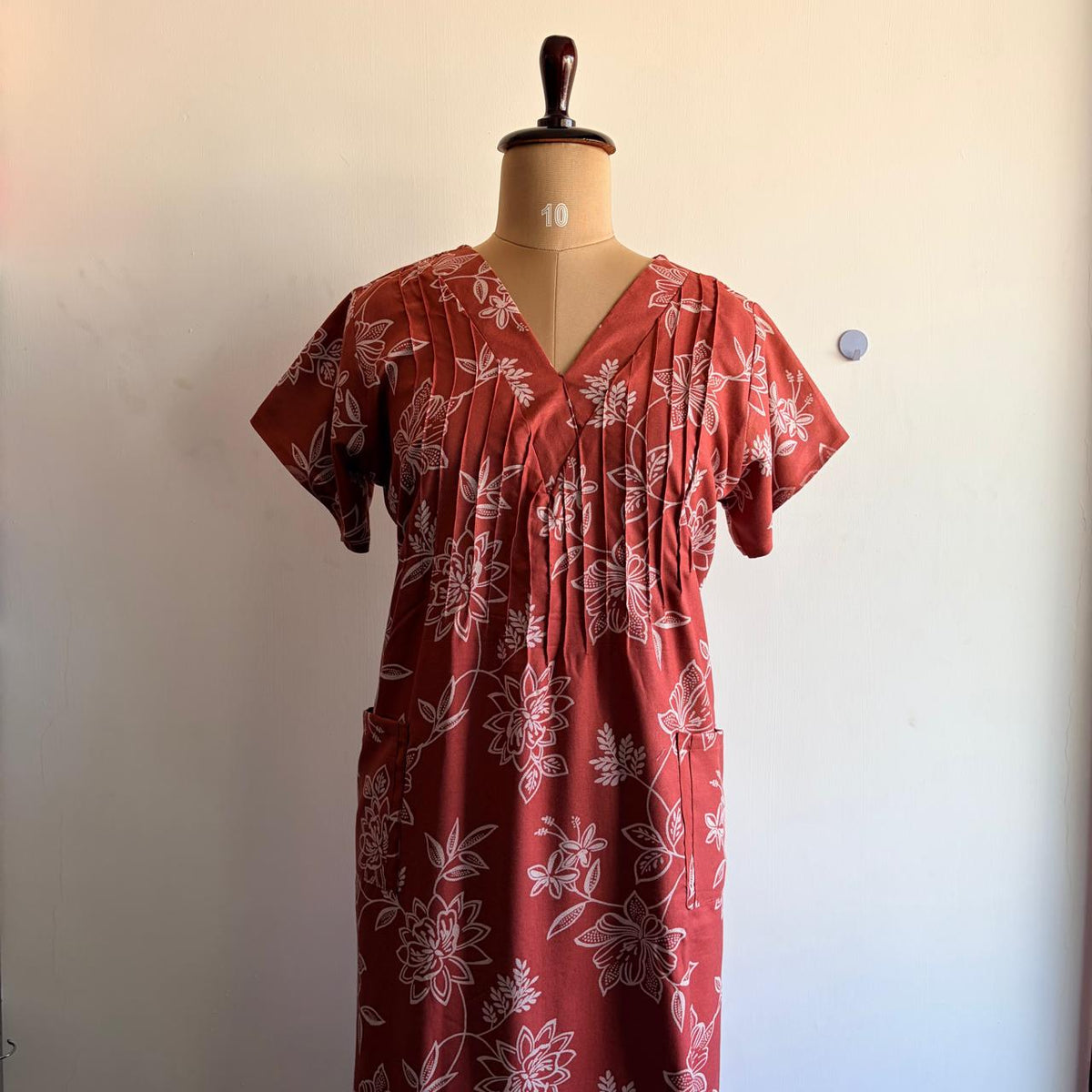 White Floral Printed Peach Printed V-Neck Alfine 60 Inch Length Churidar Cut Nighty | Free Size | Chest Width 44″| Length 60″