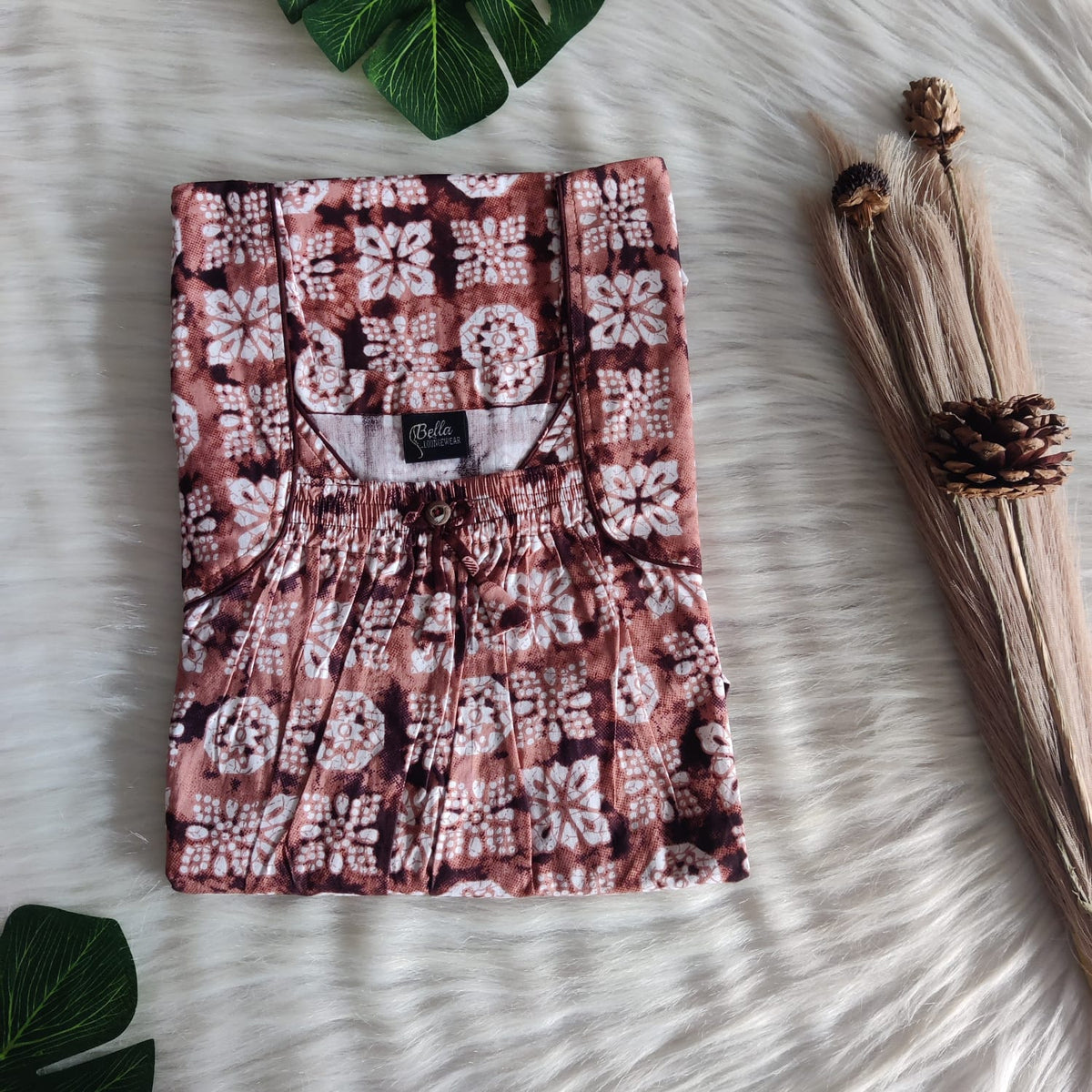 Brown And White Printed Premium Cotton Front Elastic Pleated Nighty | Free Size | Chest Width 44″| Length 56″|