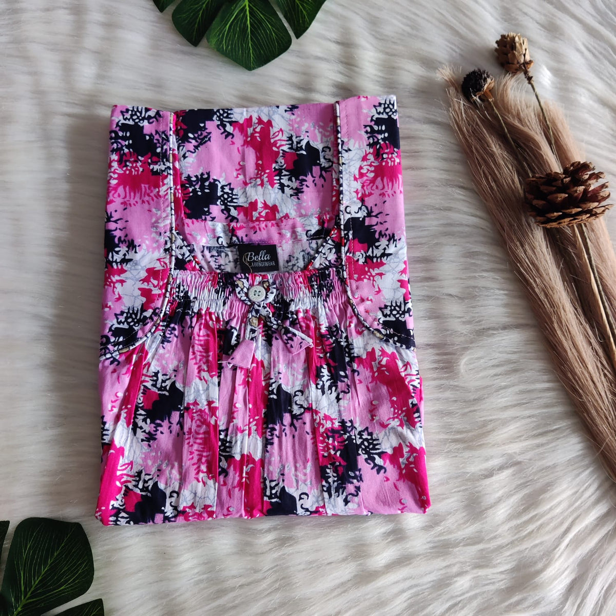 Pink And Black Printed Premium Cotton Front Elastic Pleated Nighty | Free Size | Chest Width 44″| Length 56″|