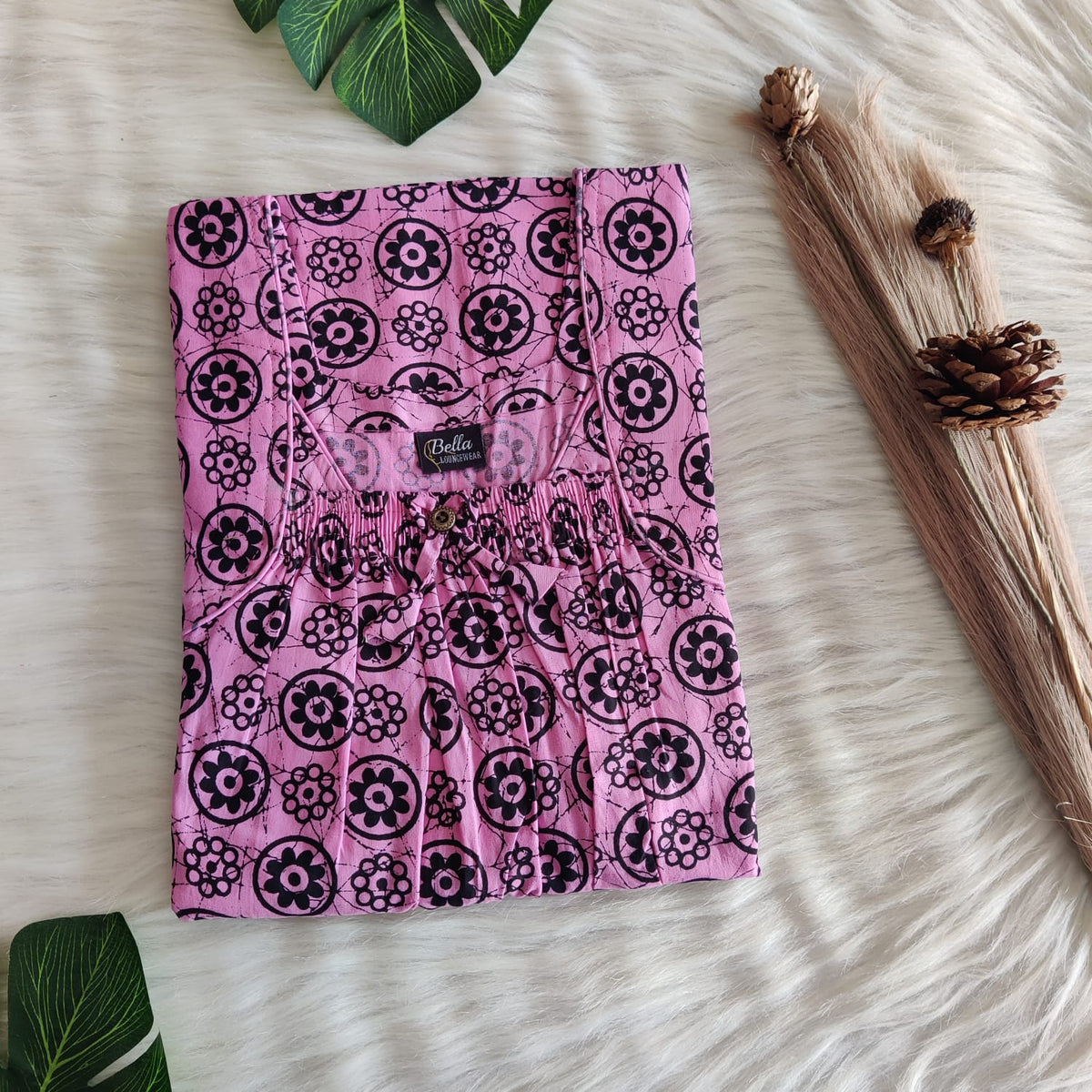 Pink And Black Floral Printed Premium Cotton Front Elastic Pleated Nighty | Free Size | Chest Width 44″| Length 56″