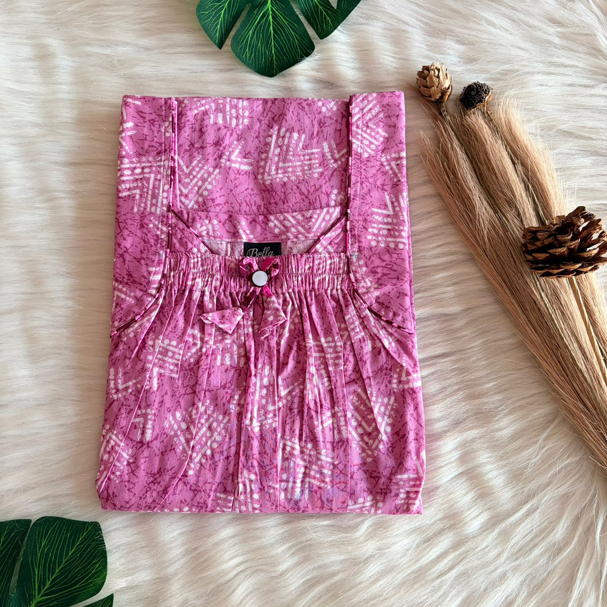Pink Printed Premium Cotton Front Elastic Pleated Nighty | Free Size | Chest Width 44″| Length 56″