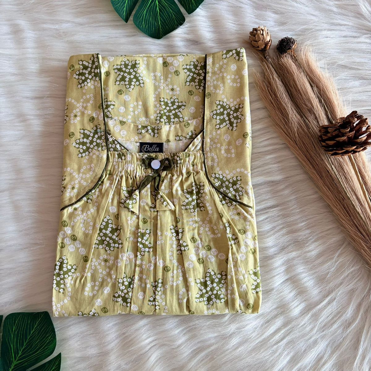 Lemon Yellow Bandhani Printed Premium Cotton Front Elastic Pleated Nighty | Free Size | Chest Width 44″| Length 56″