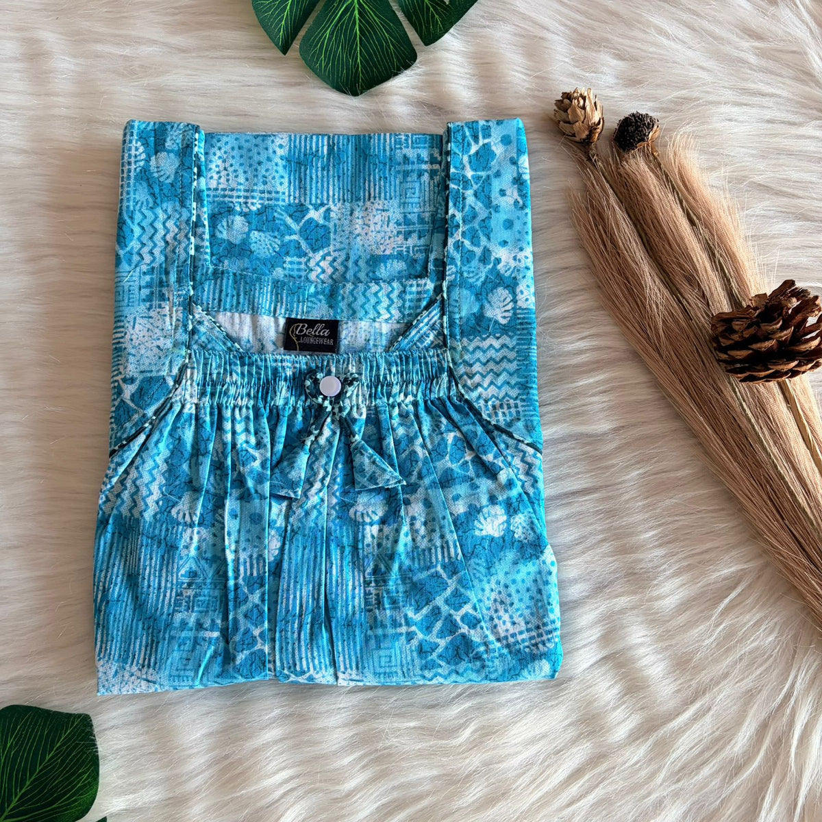 Blue Printed Premium Cotton Front Elastic Pleated Nighty | Free Size | Chest Width 44″| Length 56″