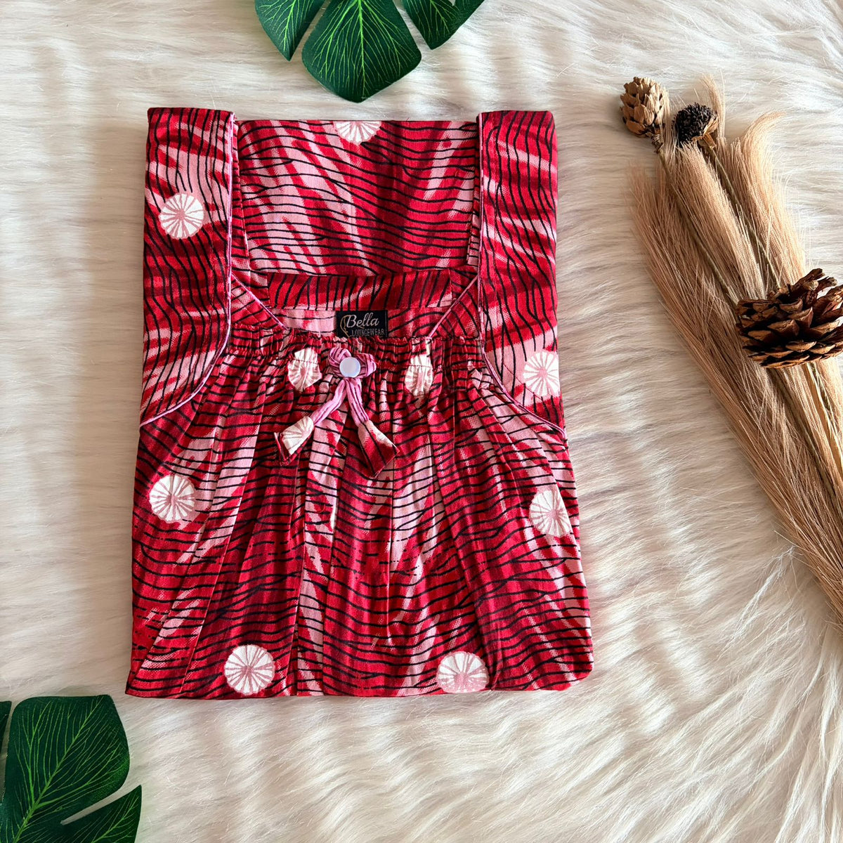 Red Printed Premium Cotton Front Elastic Pleated Nighty | Free Size | Chest Width 44″| Length 56″