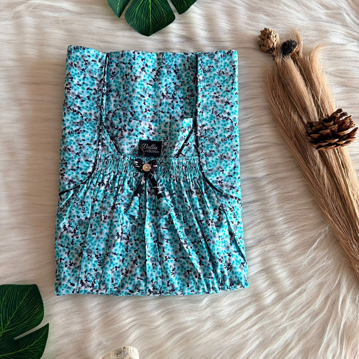 Aqua Blue Printed Premium Cotton Front Elastic Pleated Nighty | Free Size | Chest Width 44″| Length 56″