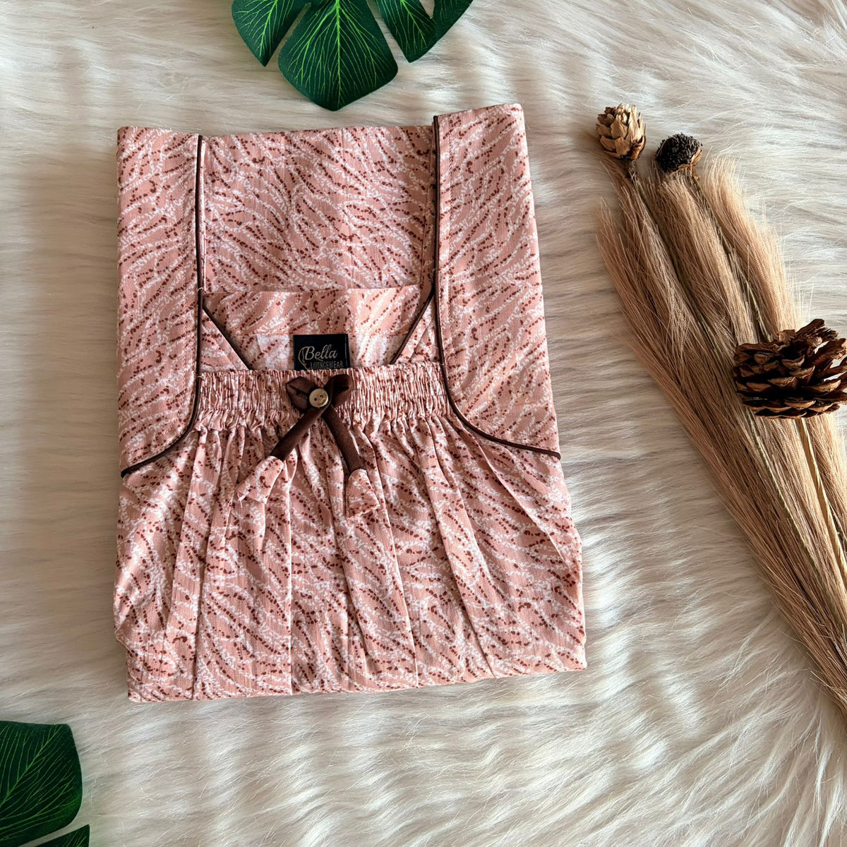 Brown Printed Premium Cotton Front Elastic Pleated Nighty | Free Size | Chest Width 44″| Length 56″