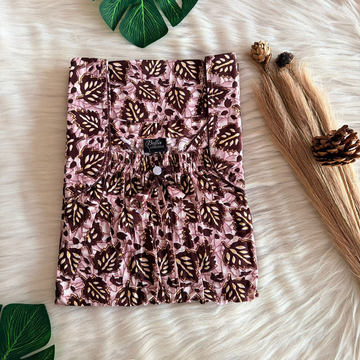 Brown Leaf Printed Premium Cotton Front Elastic Pleated Nighty | Free Size | Chest Width 44″| Length 56″
