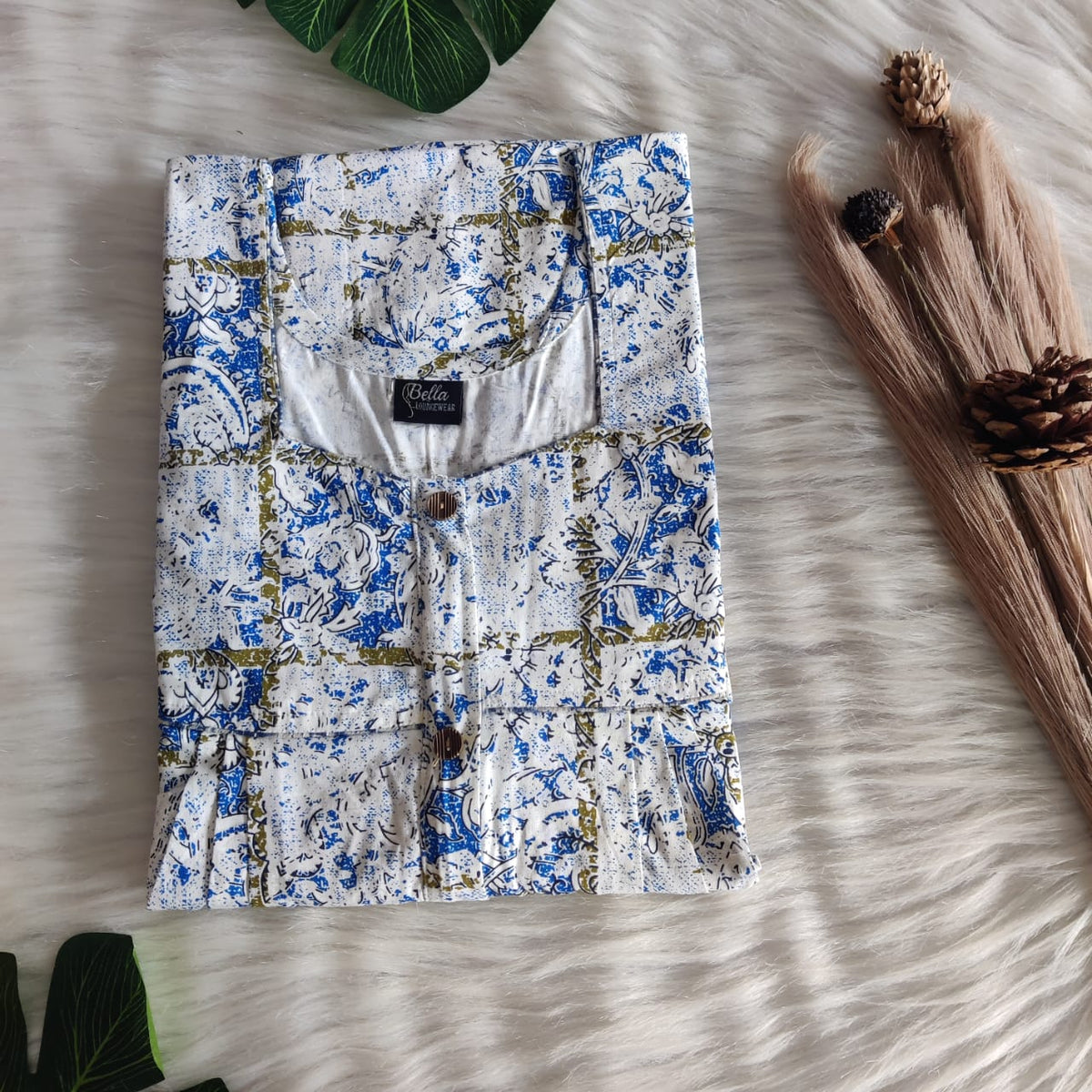 Blue And White Printed Premium Cotton Button Zip Nighty | Free Size | Chest Width 44″| Length 55″-56″