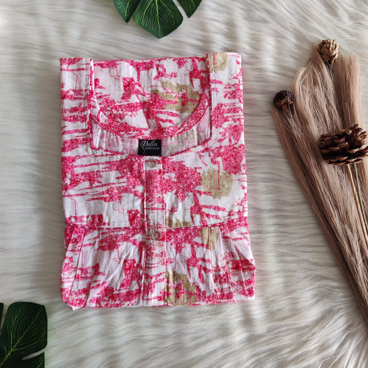 Peach And White Printed Premium Cotton Button Zip Nighty | Free Size | Chest Width 44″| Length 55″-56″