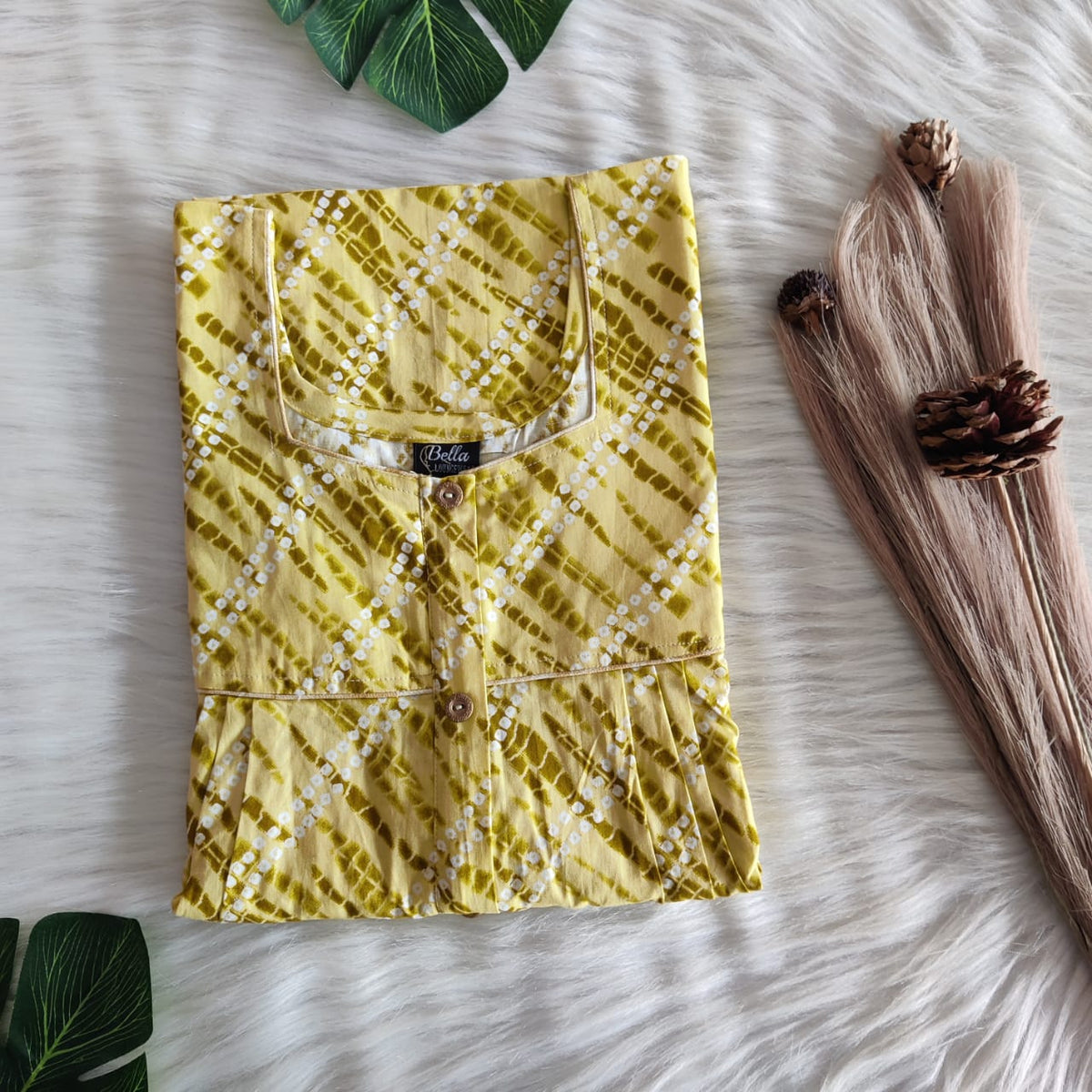 Yellow Bandhani Printed Premium Cotton Button Zip Nighty | Free Size | Chest Width 44″| Length 55″-56″
