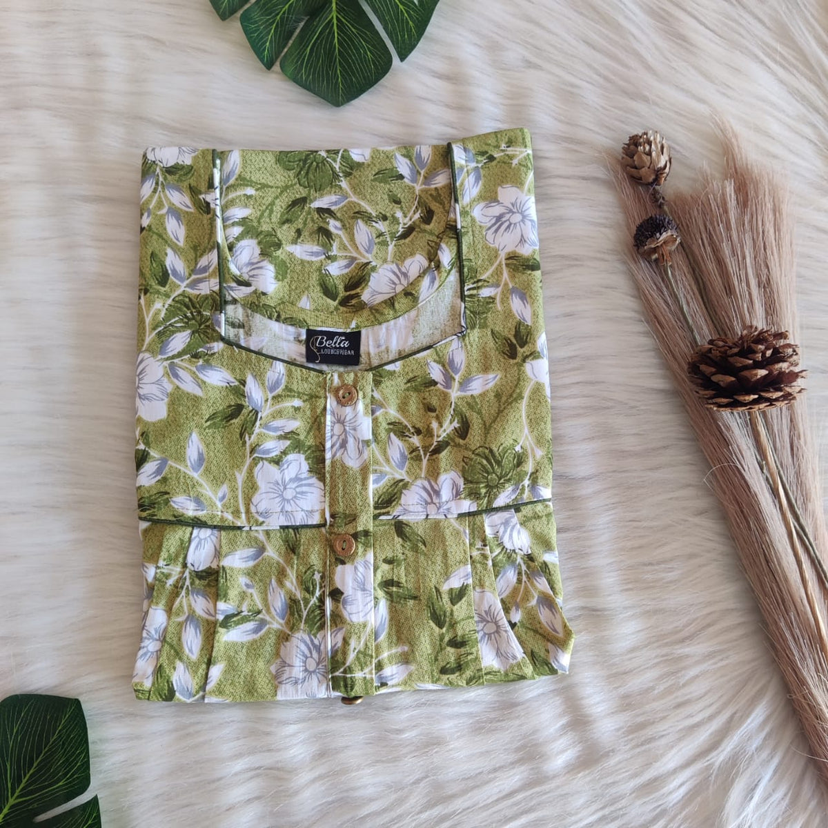 Pale Green Floral Printed Premium Cotton Button Zip Nighty | Free Size | Chest Width 44″| Length 55″-56″