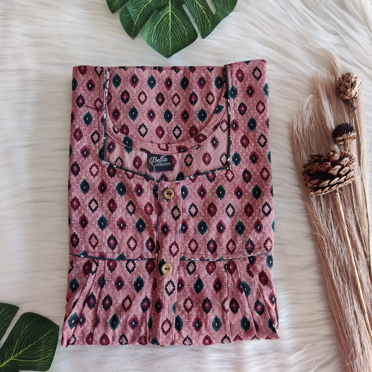 Pastel Peach Ikat Printed Premium Cotton Button Zip Nighty | Free Size | Chest Width 44″| Length 55″-56″