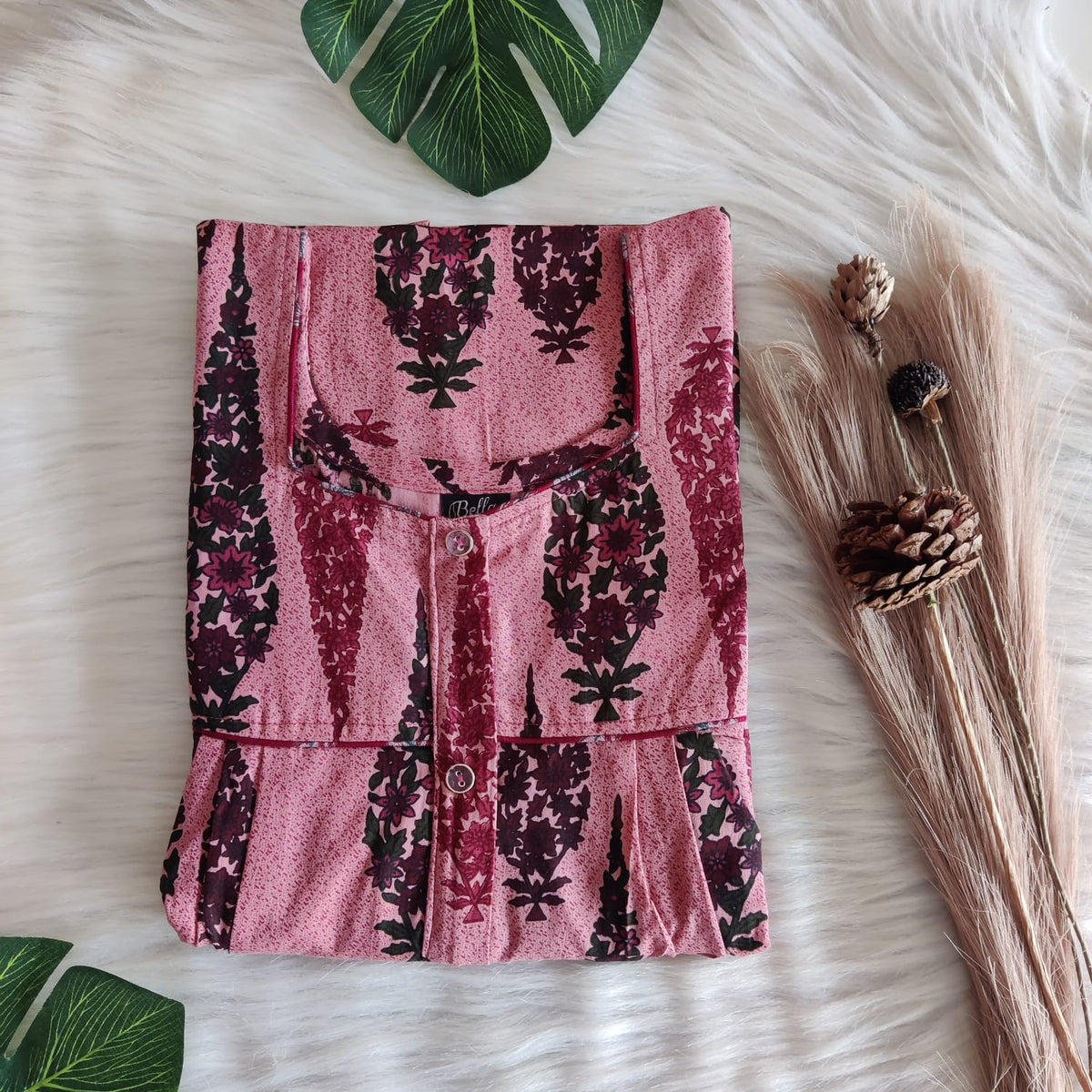 Pastel Peach And Green Floral Printed Premium Cotton Button Zip Nighty | Free Size | Chest Width 44″| Length 55″-56″