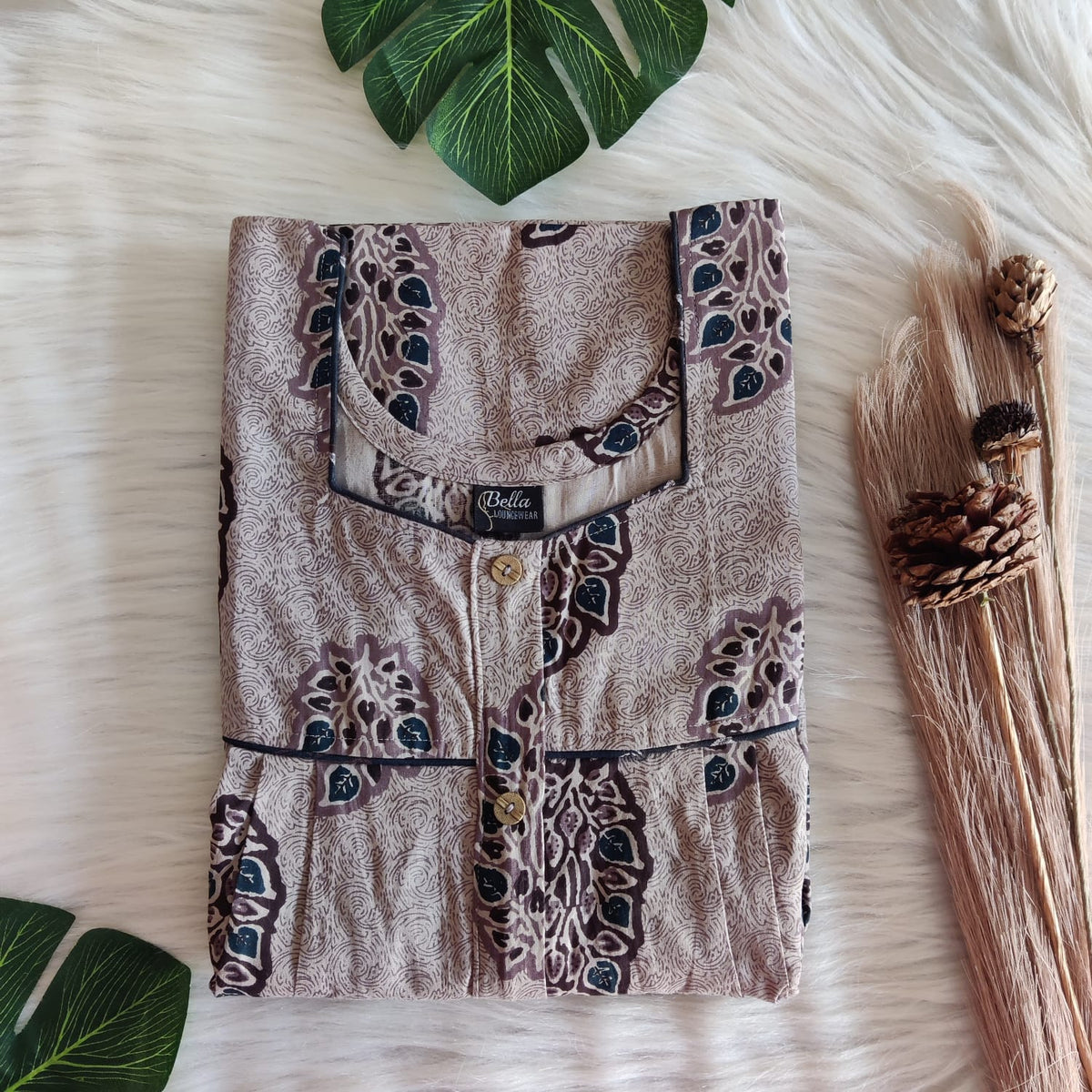 Grey And Green Printed Premium Cotton Button Zip Nighty | Free Size | Chest Width 44″| Length 55″-56″
