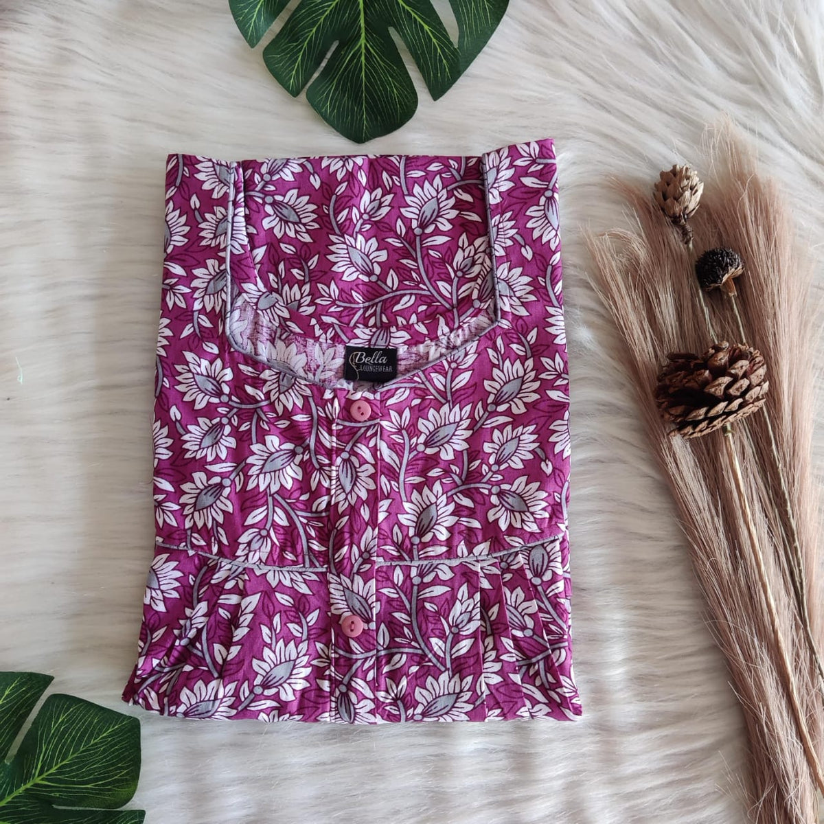 Maroon Floral Printed Premium Cotton Button Zip Nighty | Free Size | Chest Width 44″| Length 55″-56″