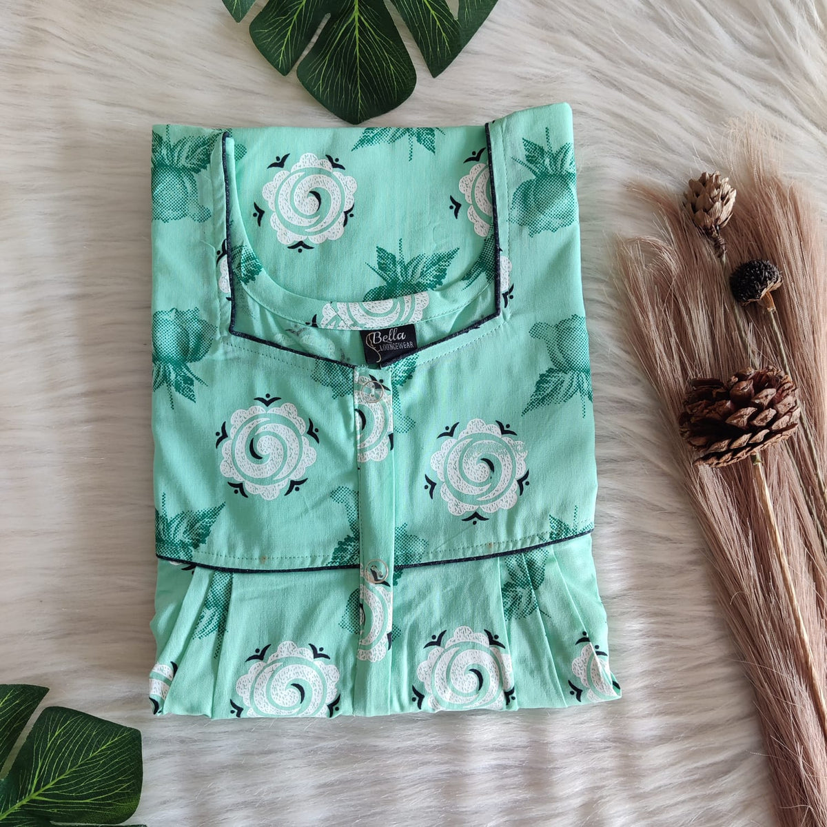 Pastel Green And White Floral Printed Premium Cotton Button Zip Nighty | Free Size | Chest Width 44″| Length 55″-56″