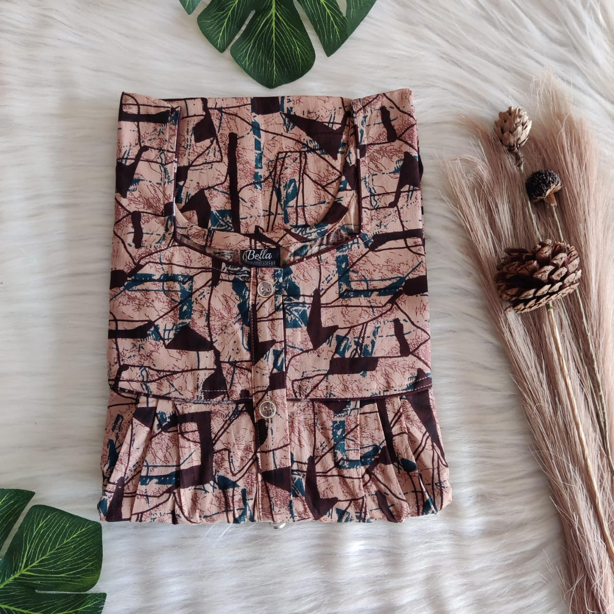 Pale And Dark Coffee Brown Printed Premium Cotton Button Zip Nighty | Free Size | Chest Width 44″| Length 55″-56″