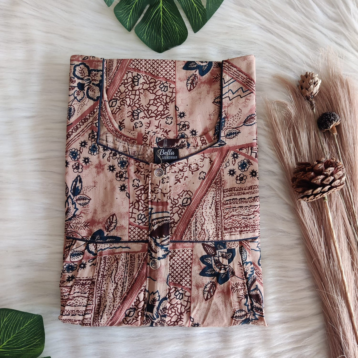 Pastel Brown Printed Premium Cotton Button Zip Nighty | Free Size | Chest Width 44″| Length 55″-56″