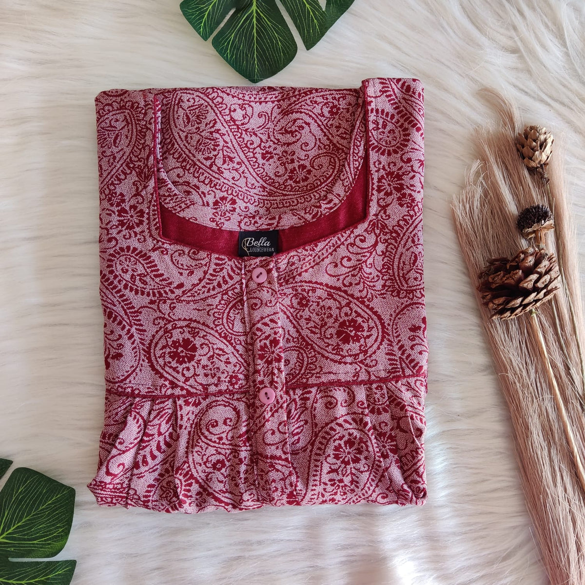 Maroon Printed Alfine Button Zip Nighty | Free Size | Chest Width 44″| Length 54″-56″ (Copy)