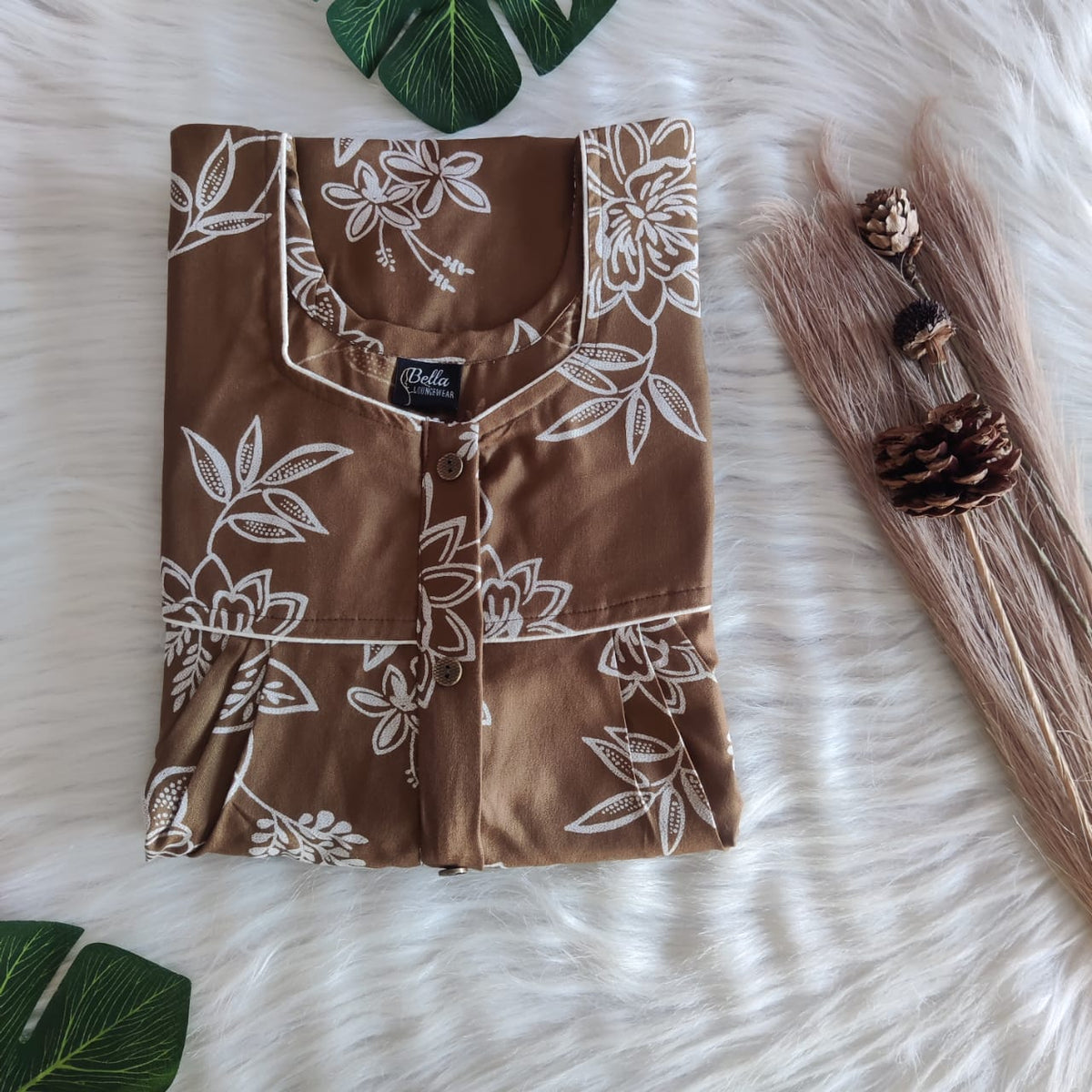 Olive Green Printed Alfine Button Zip Nighty | Free Size | Chest Width 44″| Length 54″-56″