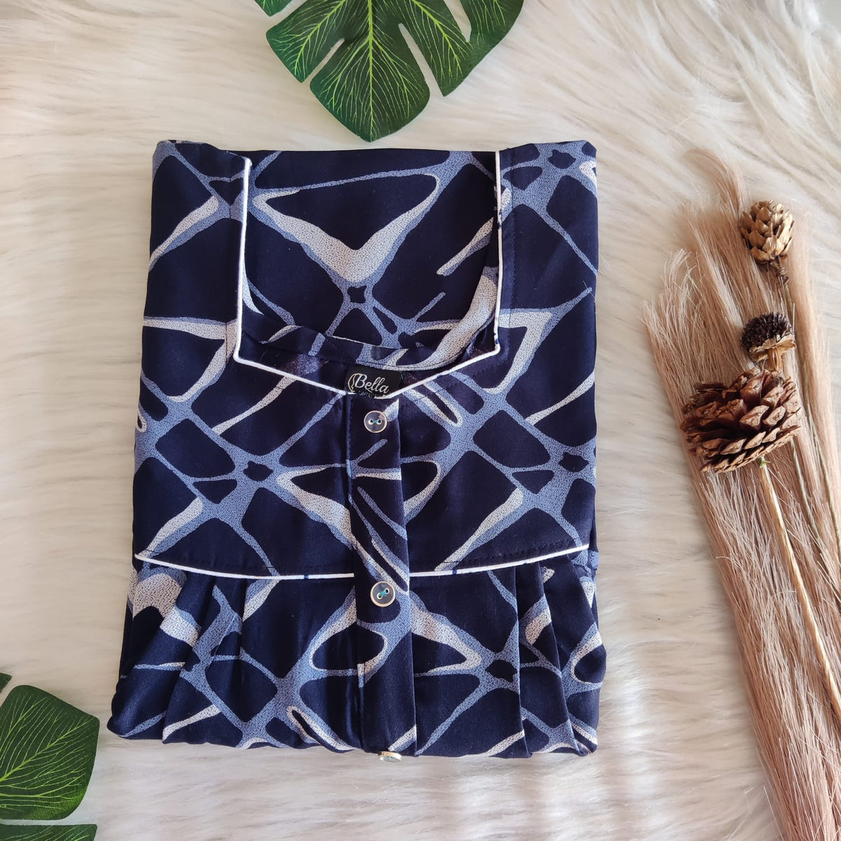 Navy-Blue Printed Alfine Button Zip Nighty | Free Size | Chest Width 44″| Length 54″-56″