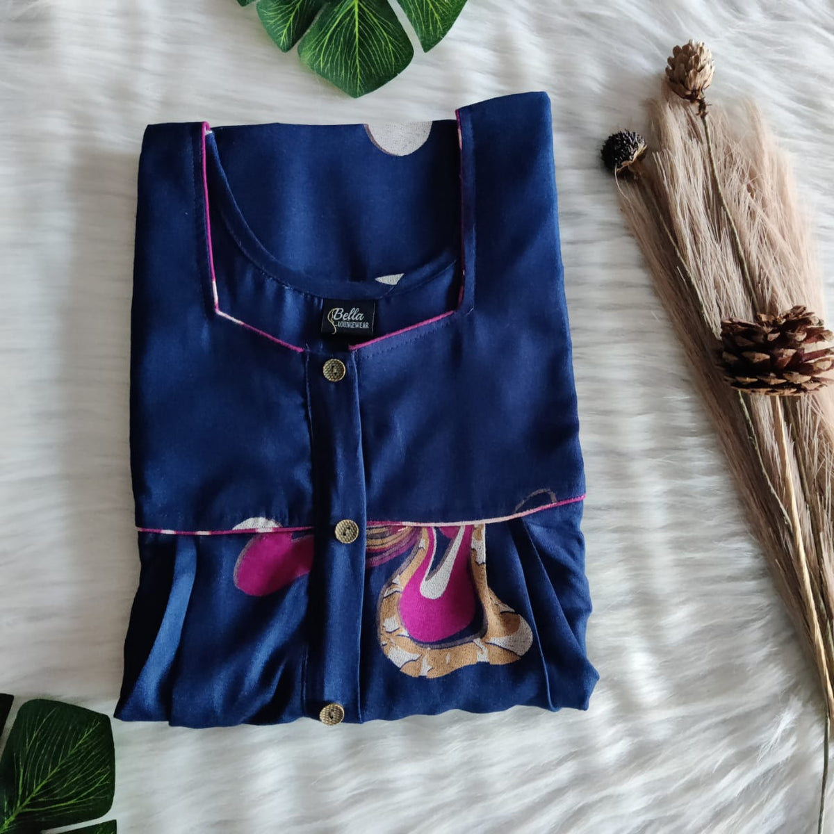 Navy-Blue Printed Alfine Button Zip Nighty | Free Size | Chest Width 44″| Length 54″-56″