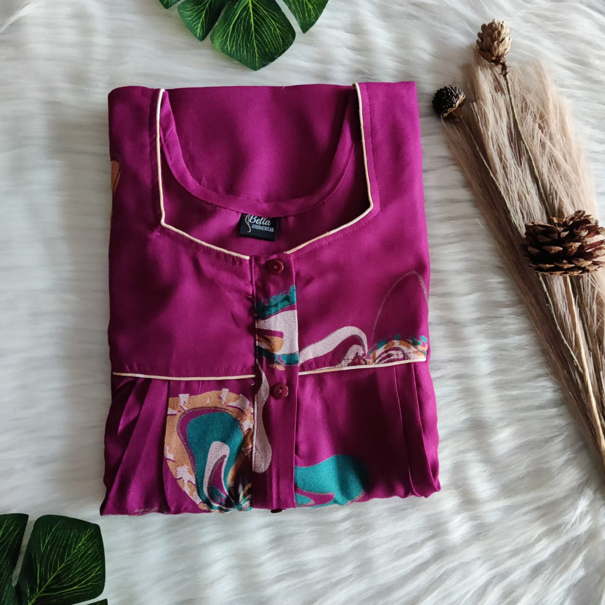 Pink Printed Alfine Button Zip Nighty | Free Size | Chest Width 44″| Length 54″-56″
