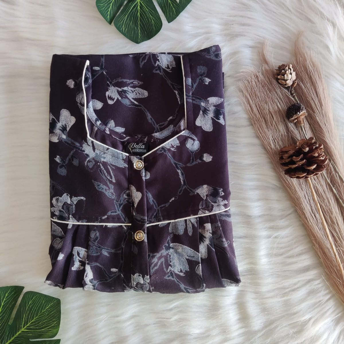 Grey Floral Printed Alfine Button Zip Nighty | Free Size | Chest Width 44″| Length 54″-56″