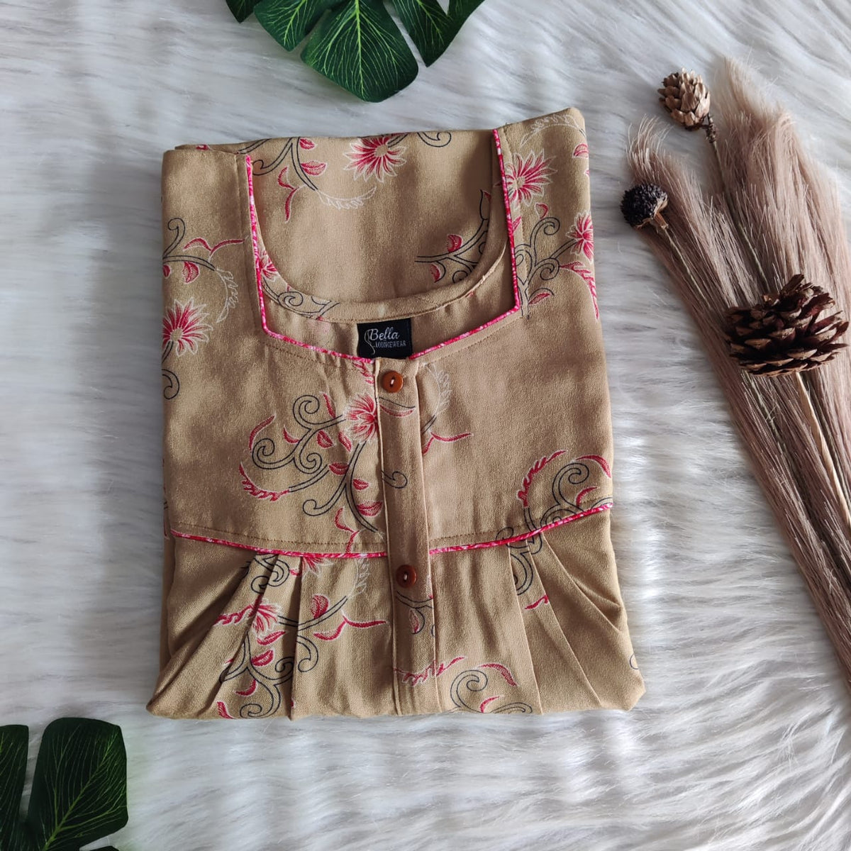 Brown Floral Printed Alfine Button Zip Nighty | Free Size | Chest Width 44″| Length 54″-56″