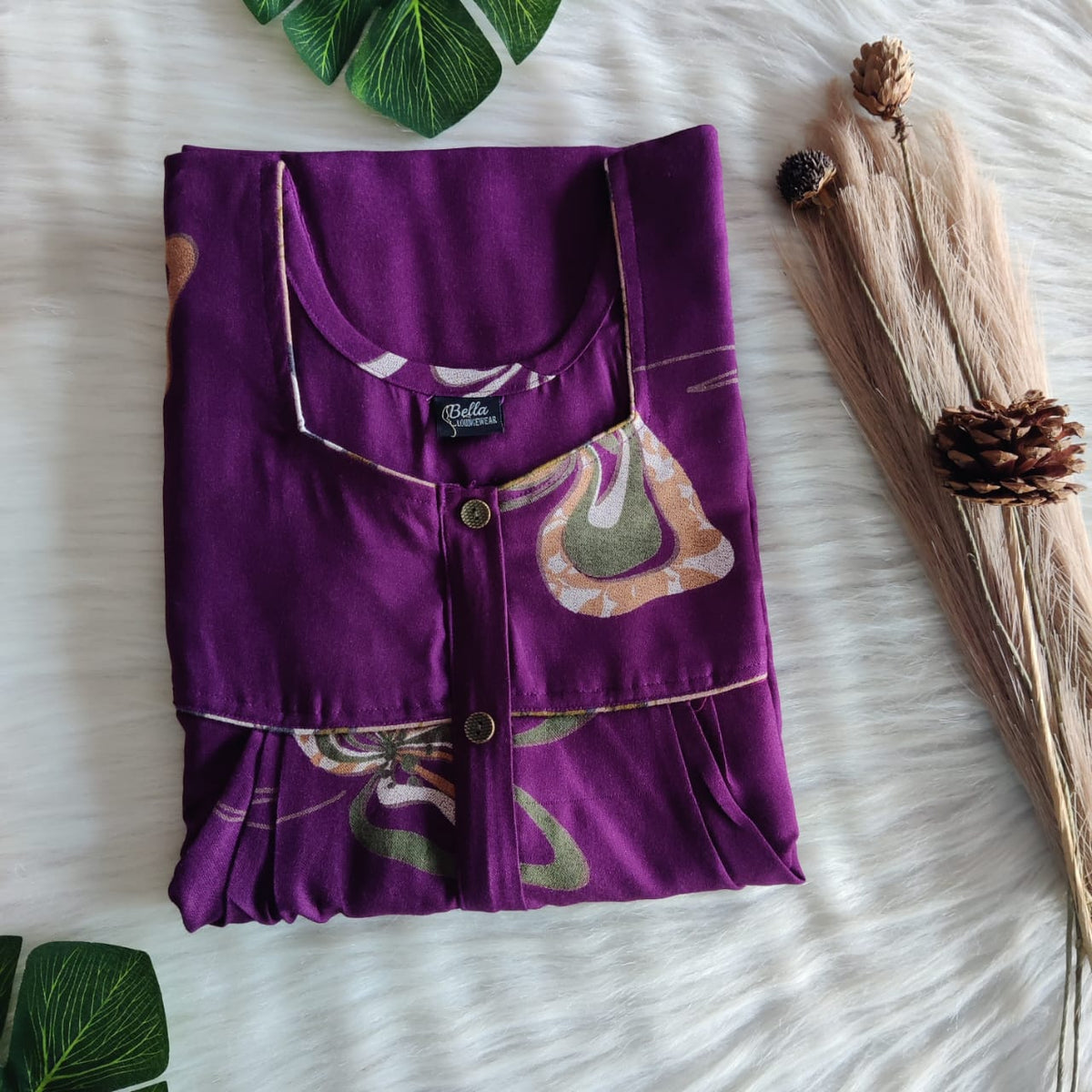 Violet Printed Alfine Button Zip Nighty | Free Size | Chest Width 44″| Length 54″-56″