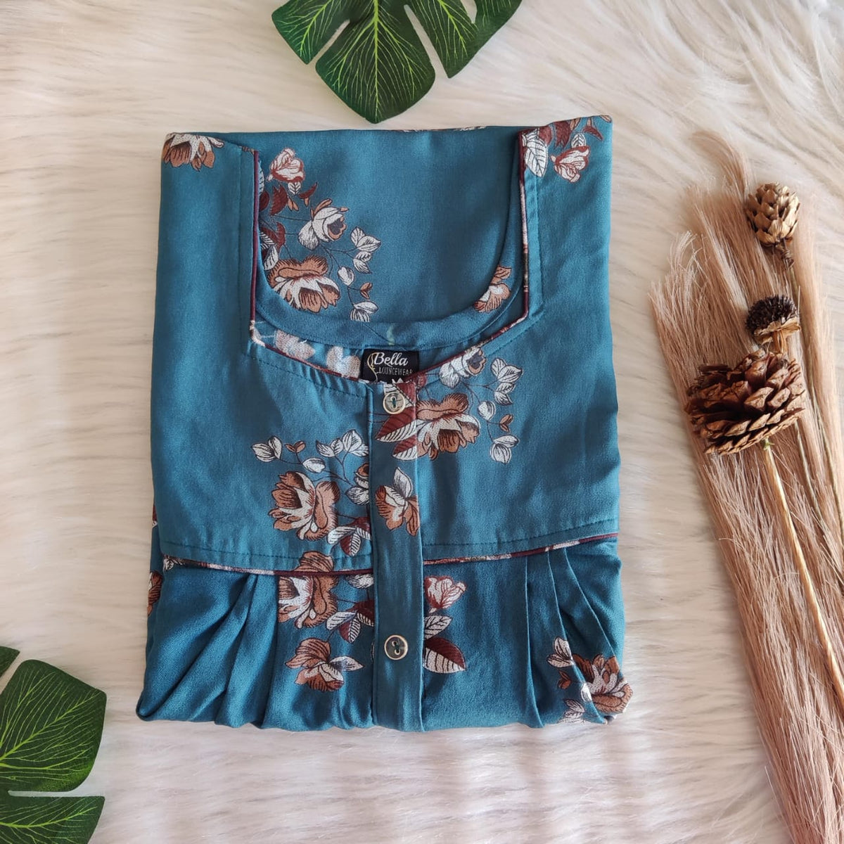 Teal Blue Printed Alfine 60 Inch Length Button Zip Nighty | Free Size | Chest Width 44″| Length 60″