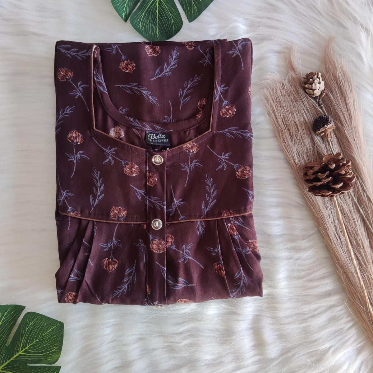 Coffee Brown Printed Alfine Button Zip Nighty | Free Size | Chest Width 44″| Length 54″-56″