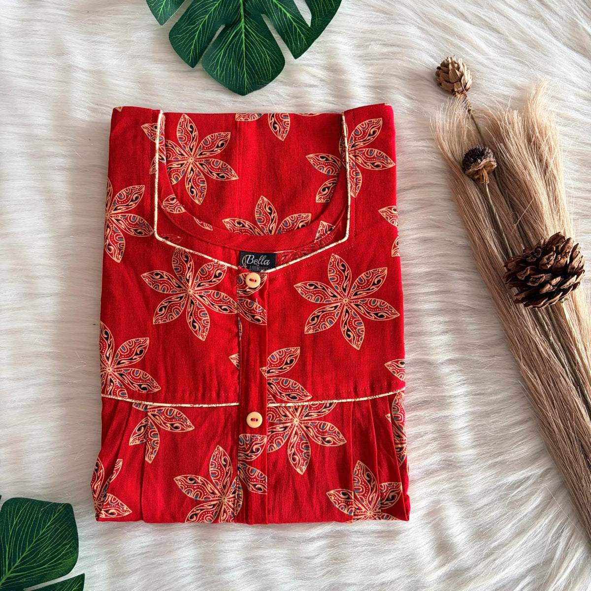 Red Floral Printed Gujari Cotton Button Zip Nighty | Free Size | Chest Width 44″| Length 55″-56″
