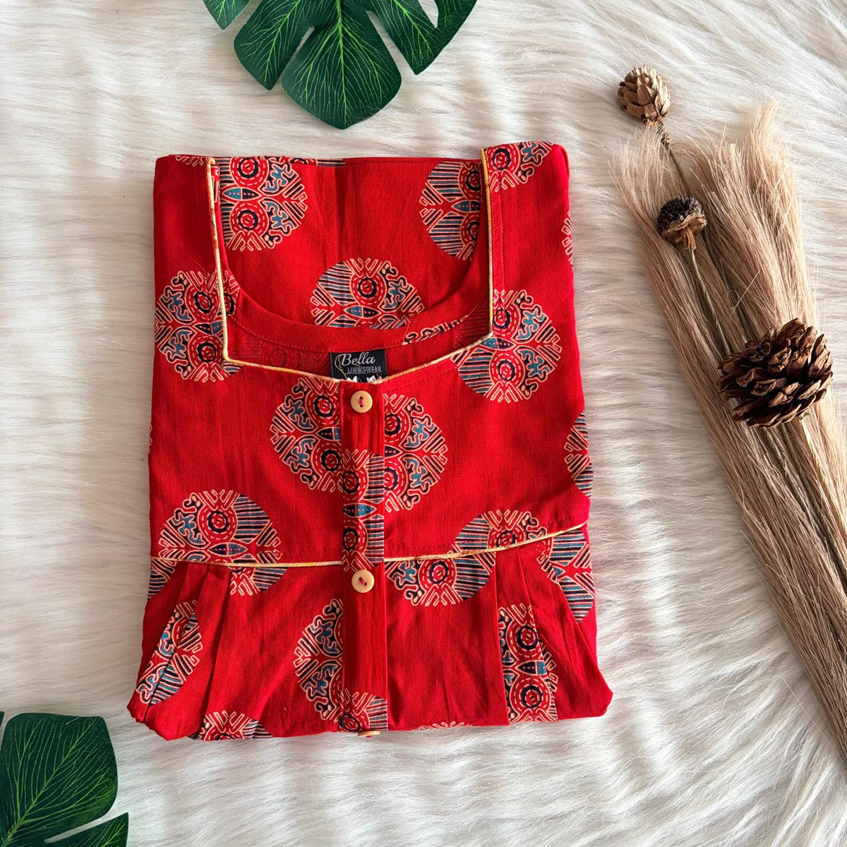 Red Ajrakh Printed Gujari Cotton Button Zip Nighty | Free Size | Chest Width 44″| Length 55″-56″