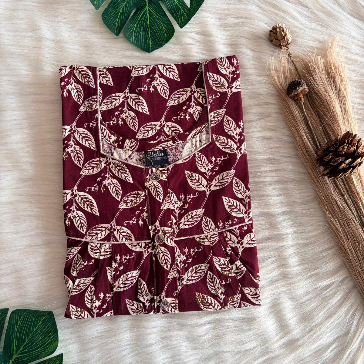 Maroon Leaf Printed Gujari Cotton Button Zip Nighty | Free Size | Chest Width 44″| Length 55″-56″