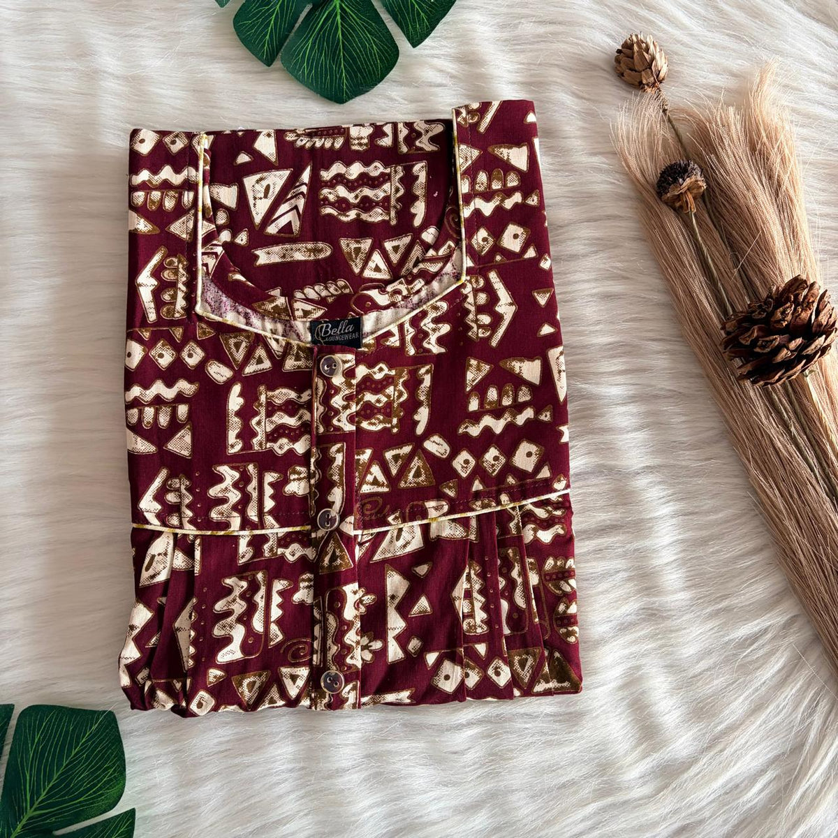 Maroon And Cream Printed Gujari Cotton Button Zip Nighty | Free Size | Chest Width 44″| Length 55″-56″