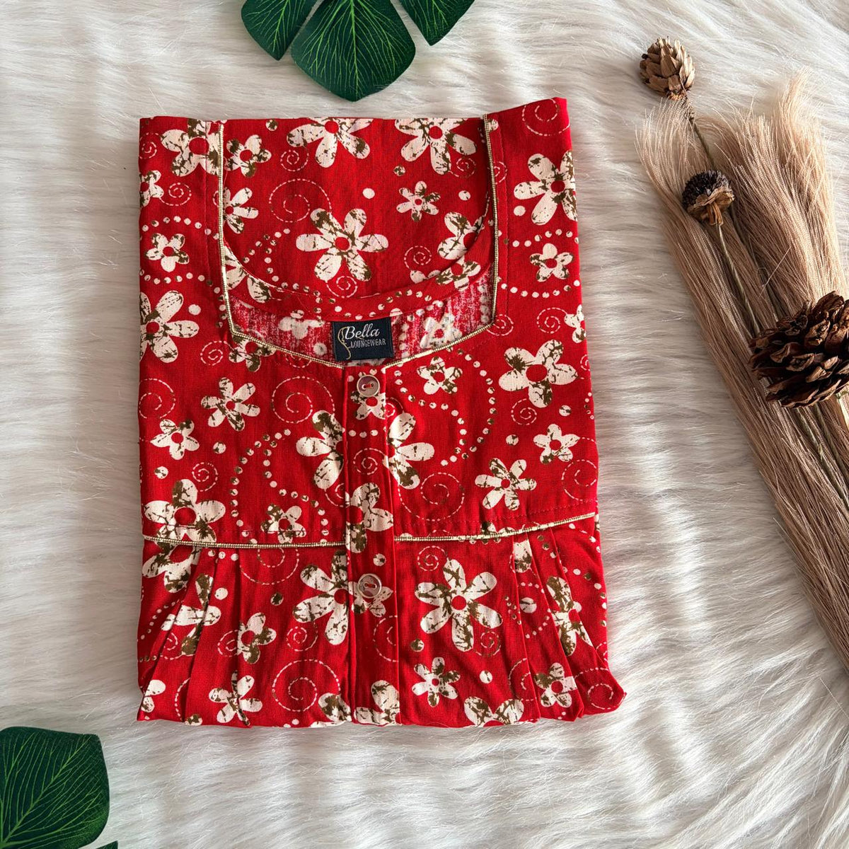 Cream Floral Printed Red Gujari Cotton Button Zip Nighty | Free Size | Chest Width 44″| Length 55″-56″