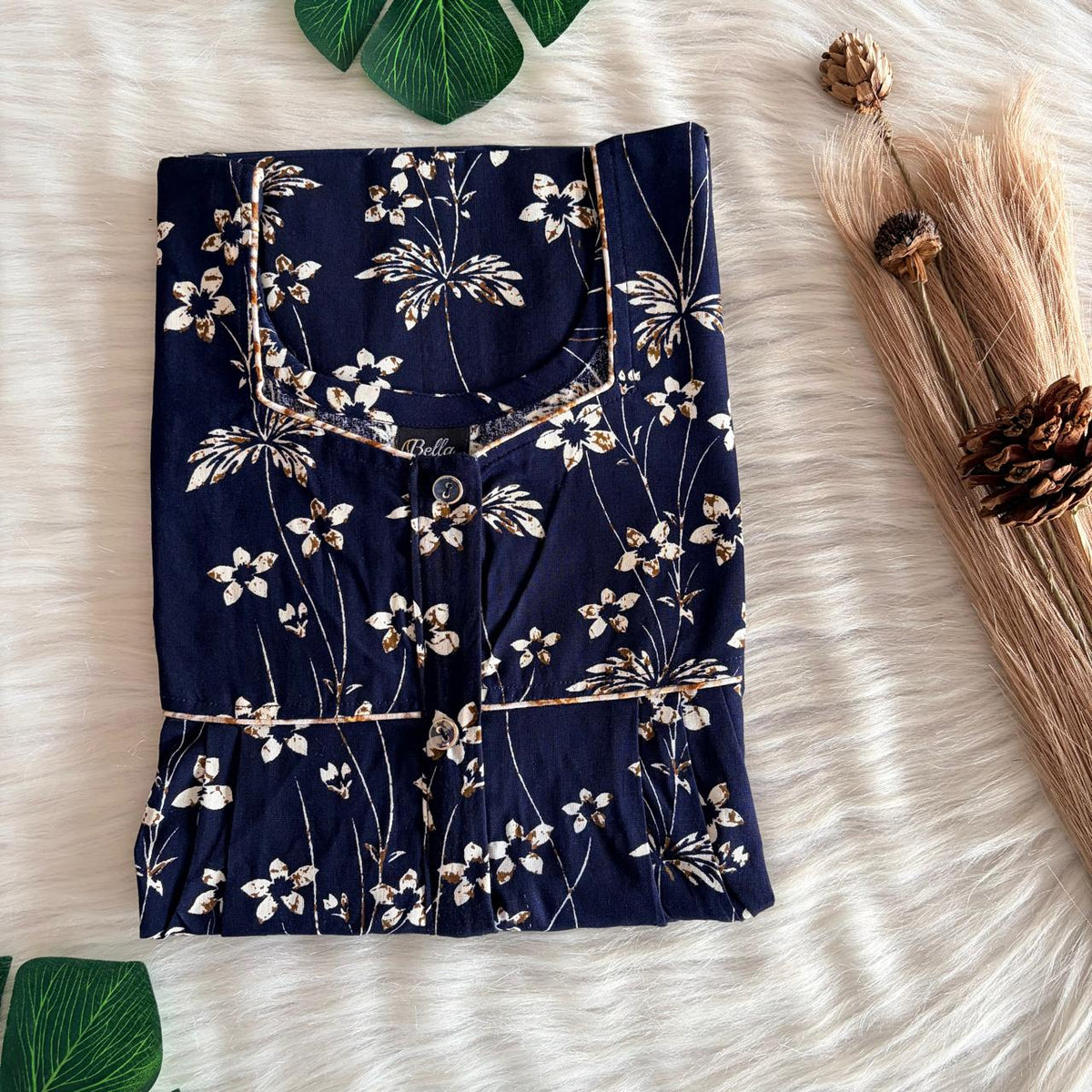 Navy-Blue And Cream Floral Printed Gujari Cotton Button Zip Nighty | Free Size | Chest Width 44″| Length 55″-56″